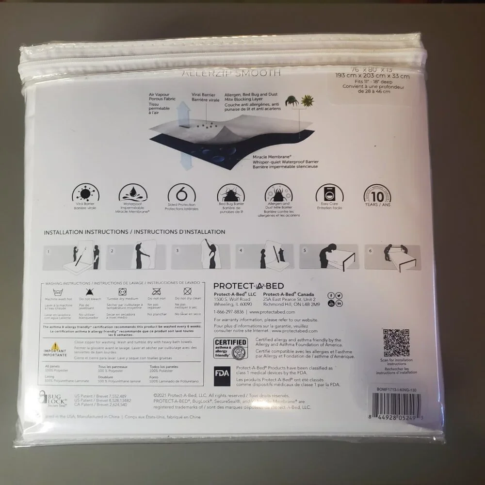 New - King Size Protect-A-Bed AllerZip Smooth Mattress Encasement - Waterproof